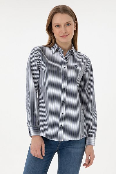 U.S. Polo Assn. قميص نسائي بأكمام طويلة مخطط باللون الأزرق الداكن 50306407-VR033