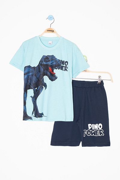 Cansın Mini Turquoise Dino Printed Lettering Boys' Shorts Top and Bottom Set 20619