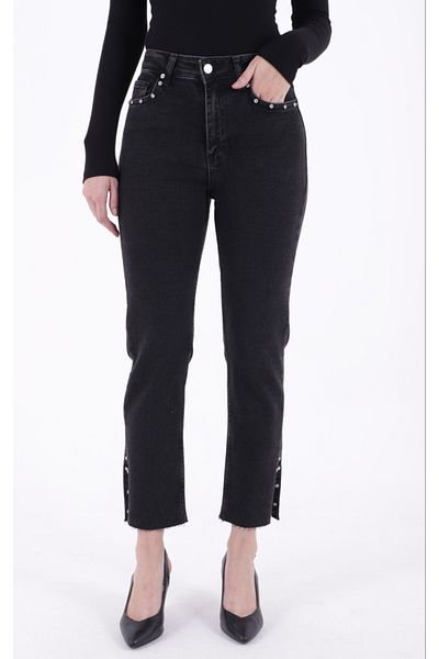 RICHMOST High Waisted Mom Fit Women's Jean Jeans with Rhinestones at the Legs and Slit Pockets Straight Anthracite Denim