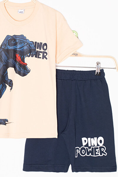 Cansın Mini Cream Dino Printed Lettering Boys Shorts Top and Bottom Set 20622