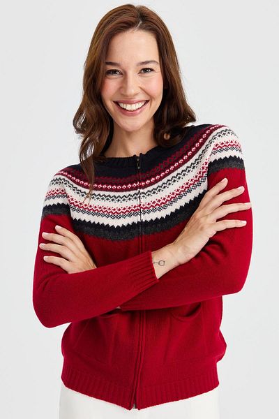 Desen Triko Women's Crew Neck Robe Jacquard Wool Cardigan Red.