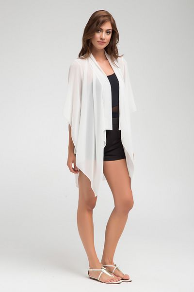 Laranor Ecru Chiffon Shawl Collar Three Quarter Sleeve Asymmetrical Kimono Cardigan Beachwear 24L7553