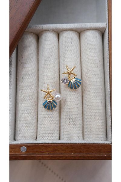 Jerie Gold Pearl and Stone Detailed Enameled Sea Earrings