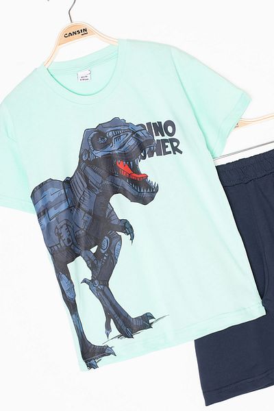 Cansın Mini Mint Dino Printed Written Boys Shorts Top and Bottom Set 20620