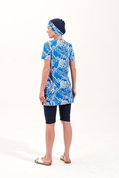 Plistre 2260_Kadın 4'lü Takım Yarı Kapalı Boneli Büstiyerli Deniz/Havuz Tesettür Mayosu