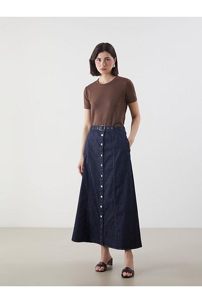 LC Waikiki Fusta de jeans cu nasturi cu centura in talie
