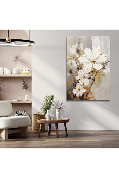 Şehzat Tekli Dikey Kanvas Salon Tablosu Yağlı Boya Görünümlü Beyaz Çiçek