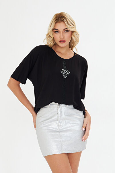 MODA Black Diamond Pattern Stone Embroidered Short Sleeve Lycra Women's Combed Cotton Blouse