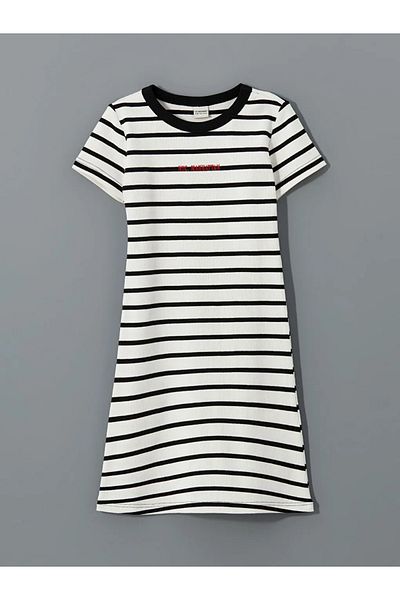 LC Waikiki Lcw Kids Black Striped Nyc Embroidery Girls' Short Dress