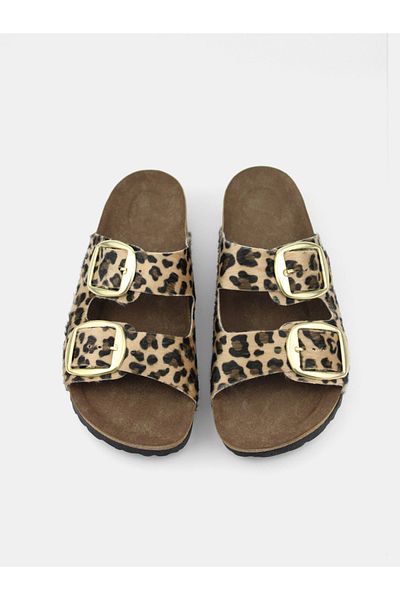 MAGGIO Women's Leopard Patterned Double Buckle Slippers Comfortable