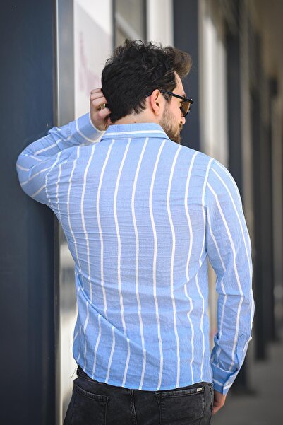 Oksit Ht 9540006   Cămașă pentru bărbați din in, cu mânecă lungă, în dungi