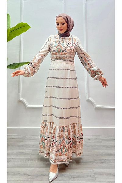 AKŞEN GİYİM Women's Cotton Linen Waist Belted Skirt Ruffled Etnic Patterned Long Turtle Dress