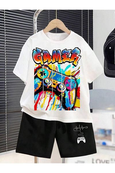 vinraus Girl\Boy White-Black Gamer Printed Combed Cotton Shorts-Tshirt Set
