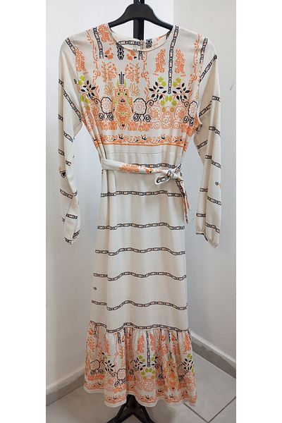 AKŞEN GİYİM Women's Cotton Linen Waist Belted Skirt Ruffled Etnic Patterned Long Turtle Dress
