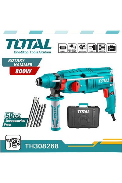 TOTAL 800W Rotary Hammer with 5 Accessories, SDS Plus, High Impact & Drilling Capacity - TH308268