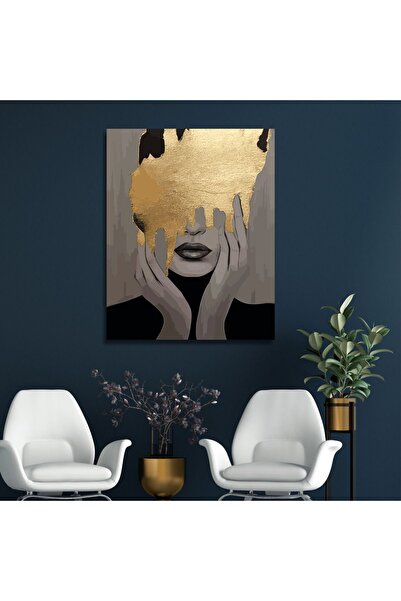 Şehzat Tekli Dikey Kanvas Tablo Siyah ve Gold Kadın Portresi