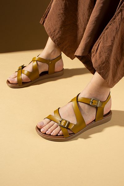 Pembe Potin Women's Mustard Comfortable Poly Mustard Daily Summer Bodrum Style Sandals