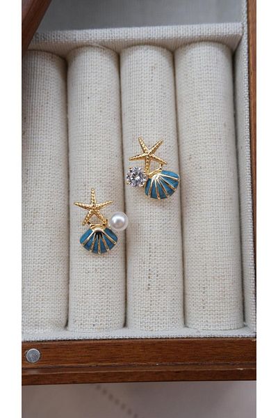 Jerie Gold Pearl and Stone Detailed Enameled Sea Earrings
