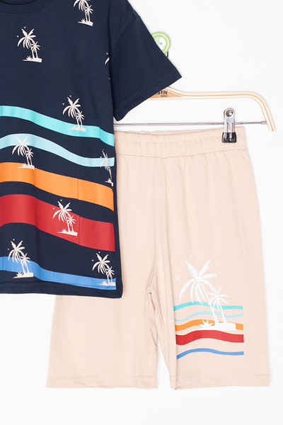 Cansın Mini Синій комплект з велосипедним коміром і шортами для хлопчиків з пальмовим візерунком 20627