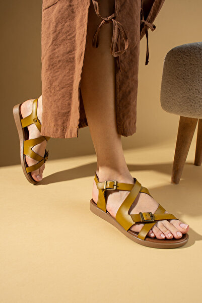 Pembe Potin Women's Mustard Comfortable Poly Mustard Daily Summer Bodrum Style Sandals