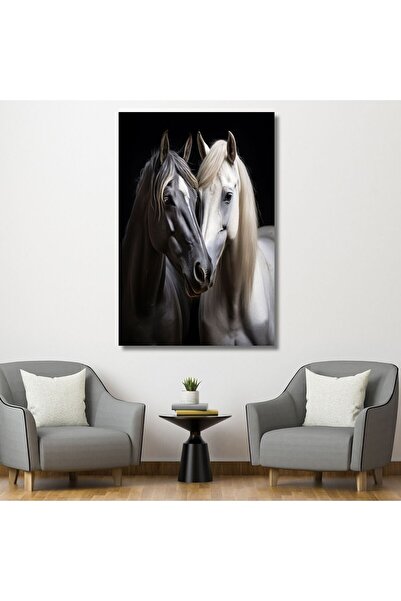 Şehzat Design Tekli Dikey Kanvas Duvar Tablosu Siyah At ve Beyaz At Portreler