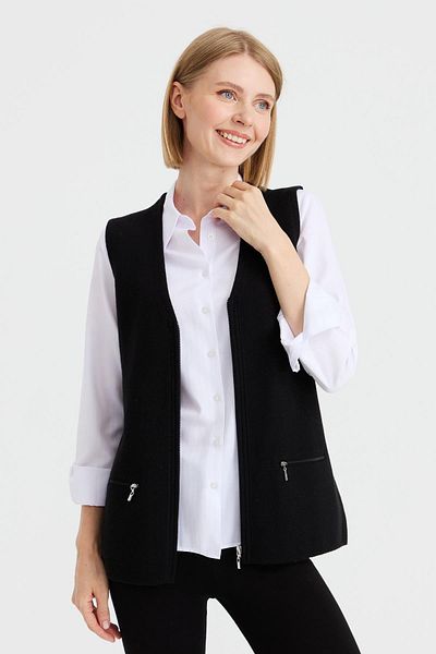 Desen Triko Women's Steel Knit Pocket Zippered Plain Knitwear Vest Black