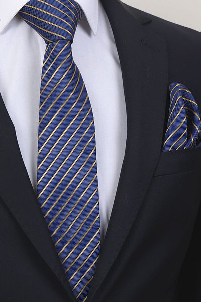 Esgue Navy Blue Necktie Handkerchief with Yellow Stripes