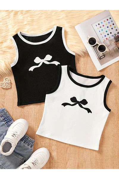 npLStore Set de 2 tricouri crop cu bretele imprimate cu panglică pentru copii