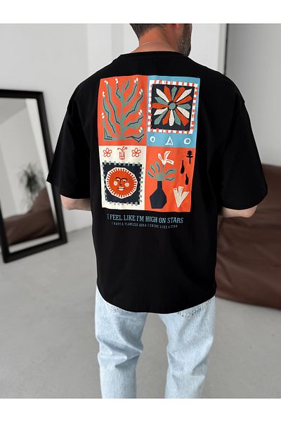 BYBASICMAN Black Flower Collage Oversize T-Shirt Yp-5075