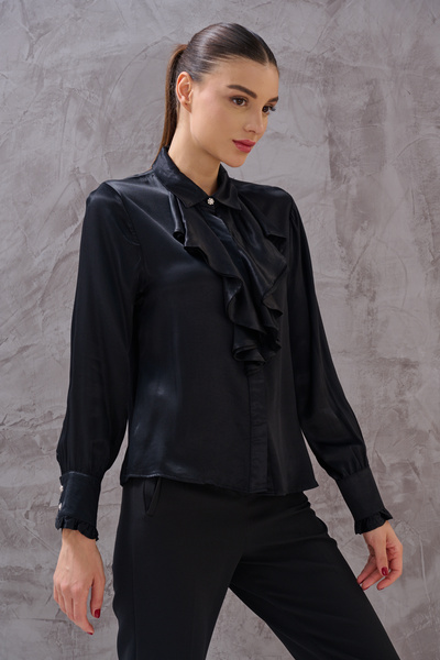 SHUGAA KADIN ÖNÜ FIRFIRLI TAŞ DÜĞME DETAY TASARIM SATEN GÖMLEK