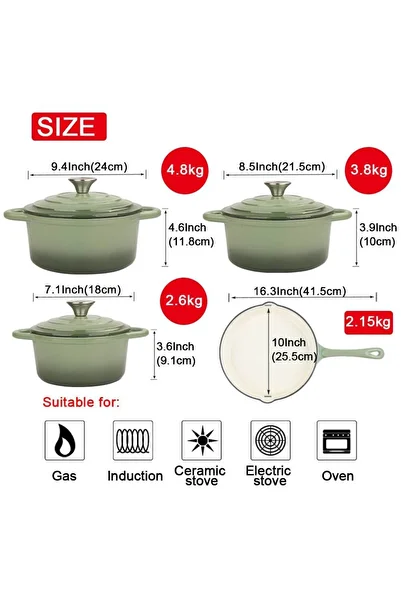 VAV GET 7-Piece Enameled Cast Iron Dutch Oven Set with Lids and Gloves.