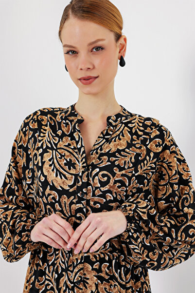 Bigdart 2423 Otantik Desenli Tesettür Elbise - Siyah10