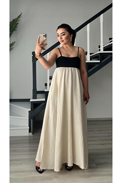 Oslove Natural Patchwork Maxi Keten Elbise