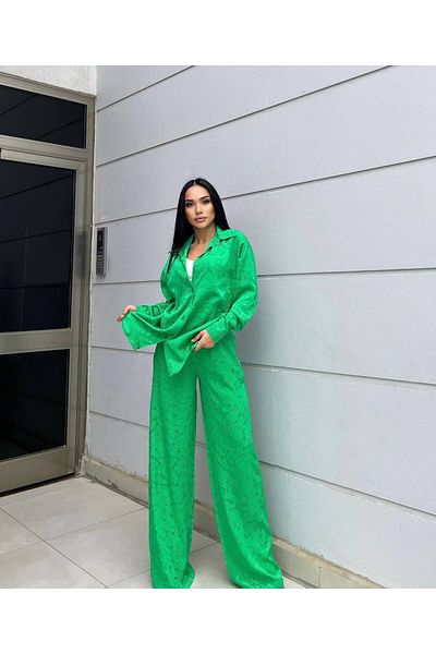 solena sln Women's Green Jacquard Double Pocket Shirt Pants Double Set