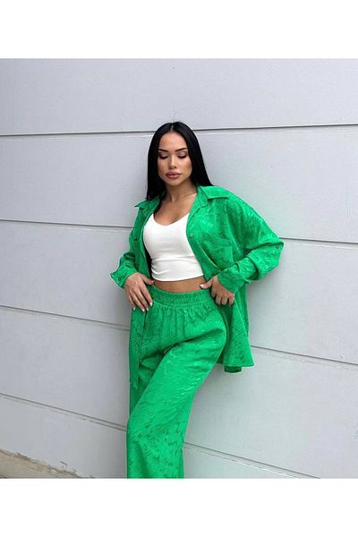 solena sln Women's Green Jacquard Double Pocket Shirt Pants Double Set