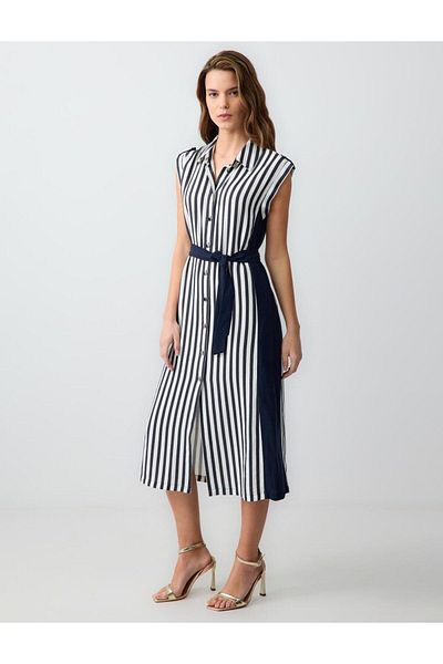 Jimmy Key Navy Blue Relaxed Cut Shirt Collar Line Patterned Sleeveless Linen Midi Dress