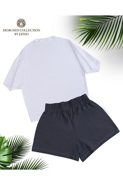 JANSO GROUP -Women Short Sleeve Flower Printed Tshirt-Shorts 2Pcs Set Large Size Oversize Cotton