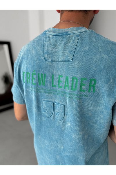 BYBASICMAN Blue Washed Crew Printed Oversize T-Shirt Yp-5039
