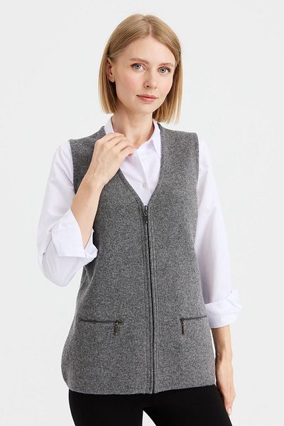 Desen Triko Women's Steel Knit Pocket Zipper Plain Knitwear Vest Smoked
