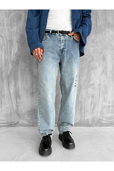 ablukaonline Erkek Slogan İşlemeli Baggy Jean Pantolon Mavi