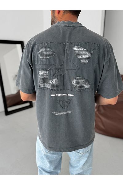 BYBASICMAN Anthracite Back Piece Written Oversize T-Shirt Yp-5058