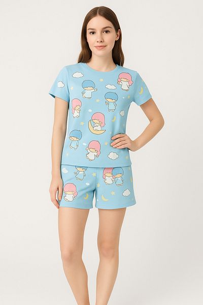 PEMBİŞ HOMEWEAR Set de pijamale cu model Little Twin Stars pentru femei New Mix cu pantaloni scurți albaștri - Îmbrăcăminte pentru casă de vară
