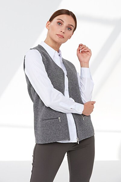 Desen Triko Women's Steel Knit Pocket Zipper Plain Knitwear Vest Smoked