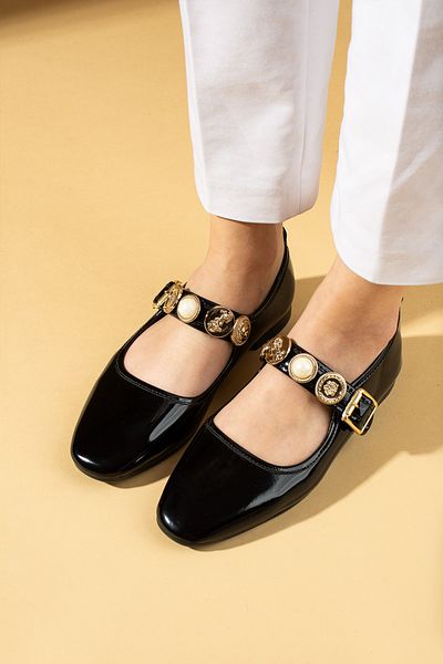 Pembe Potin Women's Ballerinas Black Patent Leather Buckle Strap Lightweight Comfortable Sole Stylish Casual Shoes