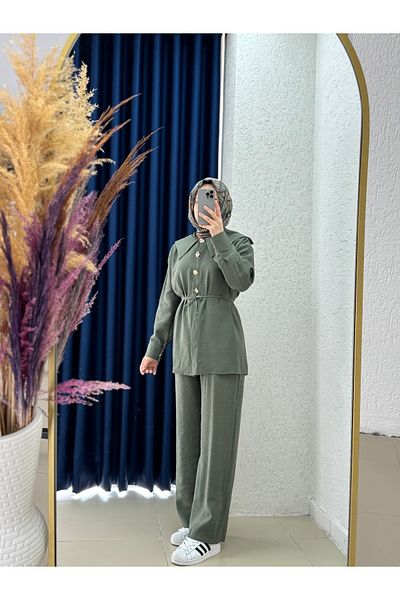 Ebrar Store Morcote Metal Button Pointed Collar Pants Suit-Bn4377 Khaki