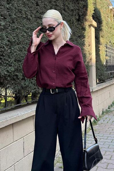 Madmext Cămașă de bază pentru femei din țesătură muselină burgundy MG1660