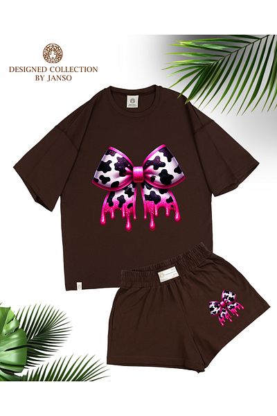 JANSO GROUP -Women's Short Sleeve Bow Printed Tshirt-Shorts 2-Piece Set Large Size Oversize Cotton