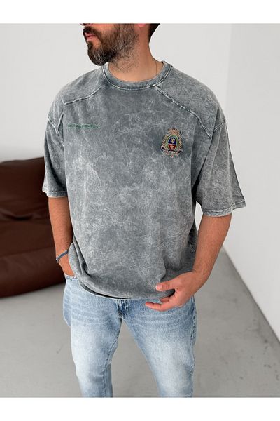 BYBASICMAN Gray Crest Embroidered Washed Oversize T-Shirt Jj-307