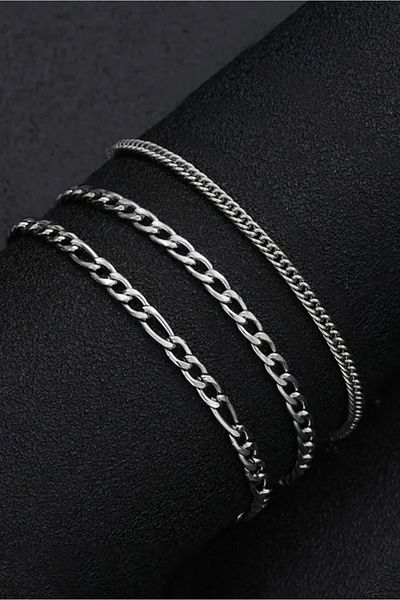 The Collection Stainless 3 Pcs Men's Sports Steel Bracelet Set (Figaro-Gourmet -Cuba)