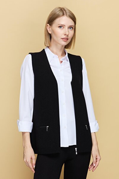 Desen Triko Жіночий трикотажний жилет з кишенею на блискавці, чорний